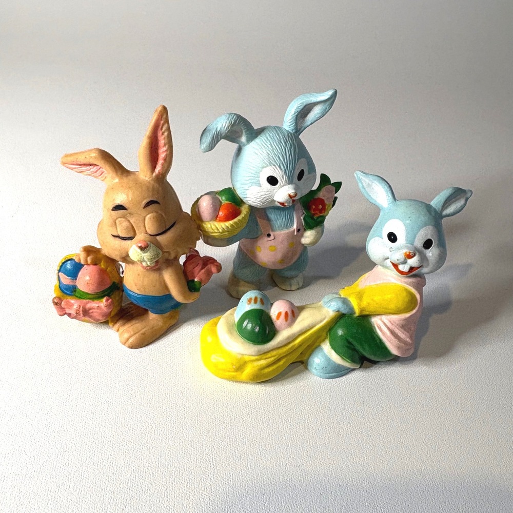 Vintage Easter Bunny Figurines Set of 3 Pastel Rabbit Spring Decor Collectibles